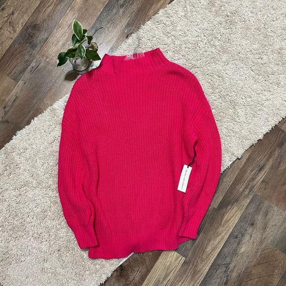 Cupcakes & Cashmere XS Oversized Pink Mock Neck Ribbed 100% Cotton Sweater NWT - Picture 2 of 7